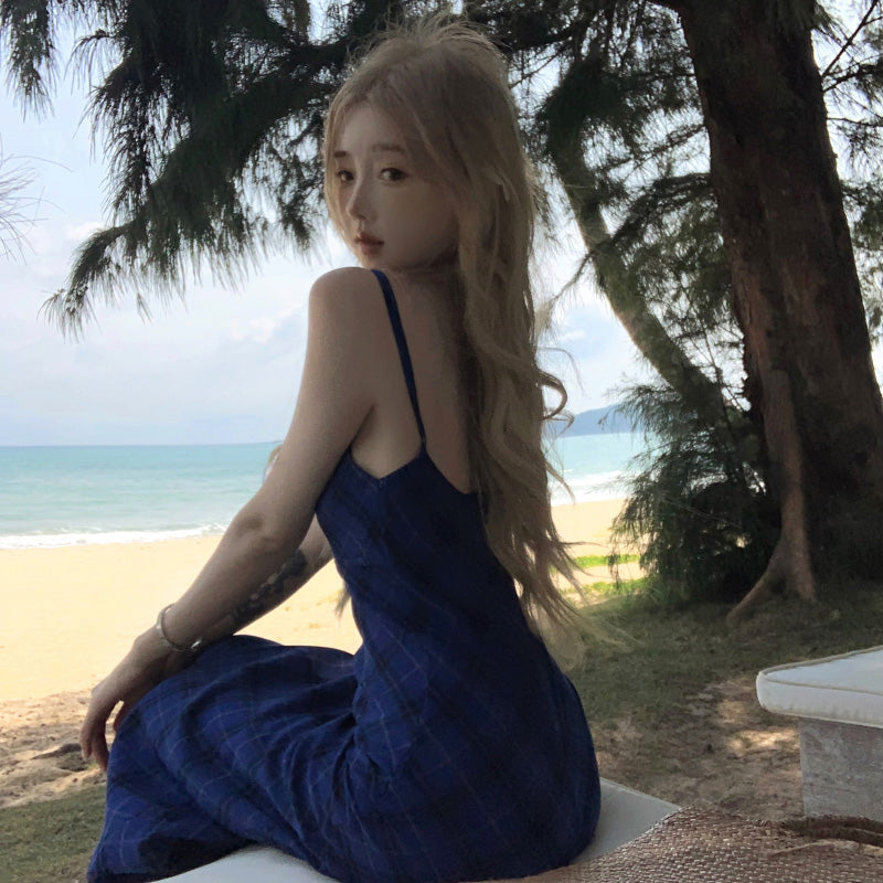 ブルーチェック Vネック バックレスキャミワンピース