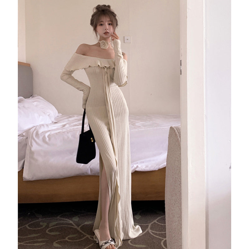 フェミニンオフショルダーリボンフリルスリットドレス