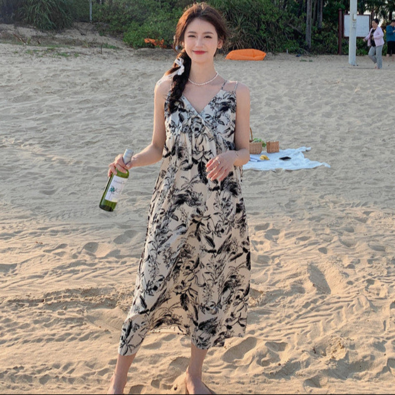 ダブルストラップボタニカルプリントワンピ