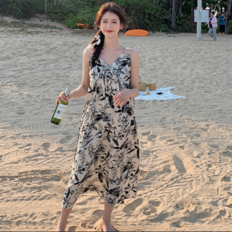 ダブルストラップボタニカルプリントワンピ