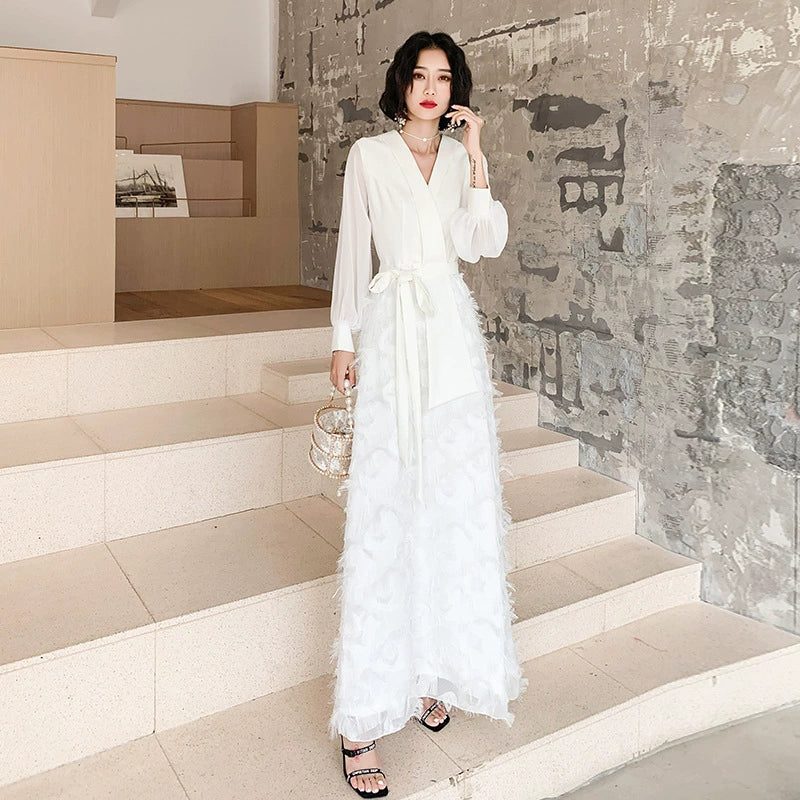 ショールカラーフェザー切り替えドレス(2colors)