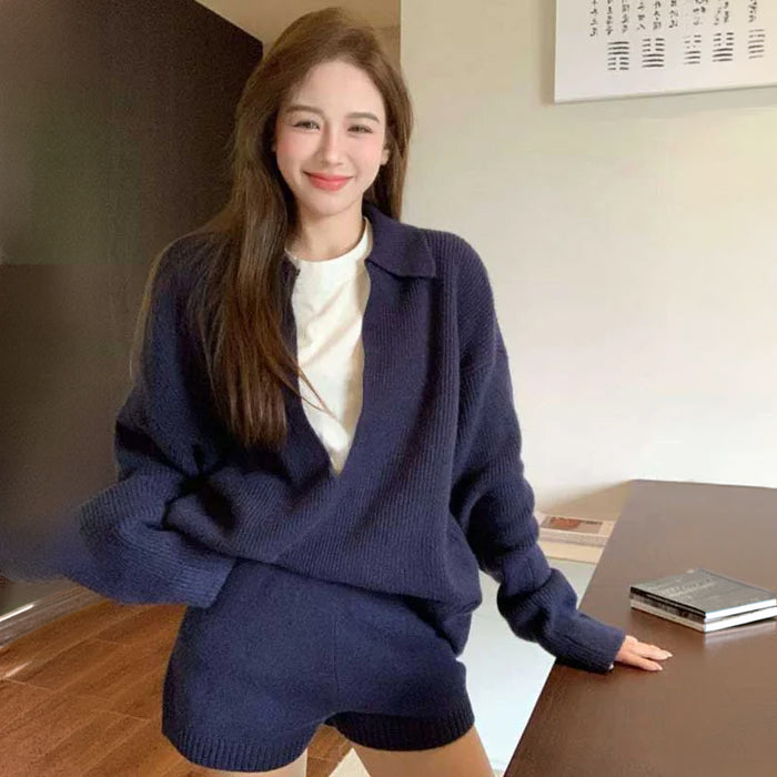 Vネックオーバーサイズニット×ショートパンツ(3colors)