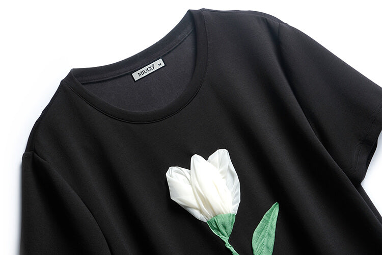 花モチーフTシャツ×ウエストコンシャスイレヘムマーメイドスカート【上下別売り可】