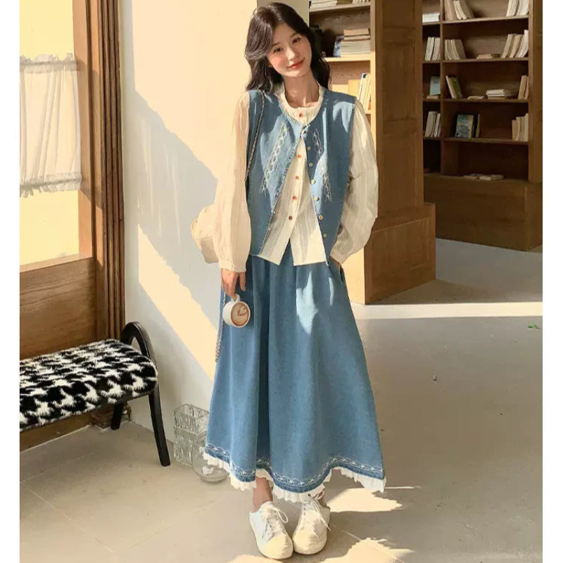 ホワイトブラウス×デニムベスト×スカートスリーピースセット