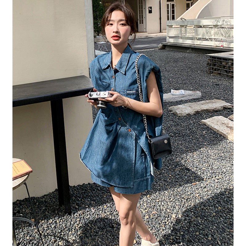 デニムノースリーブシャツ×ショートパンツセット