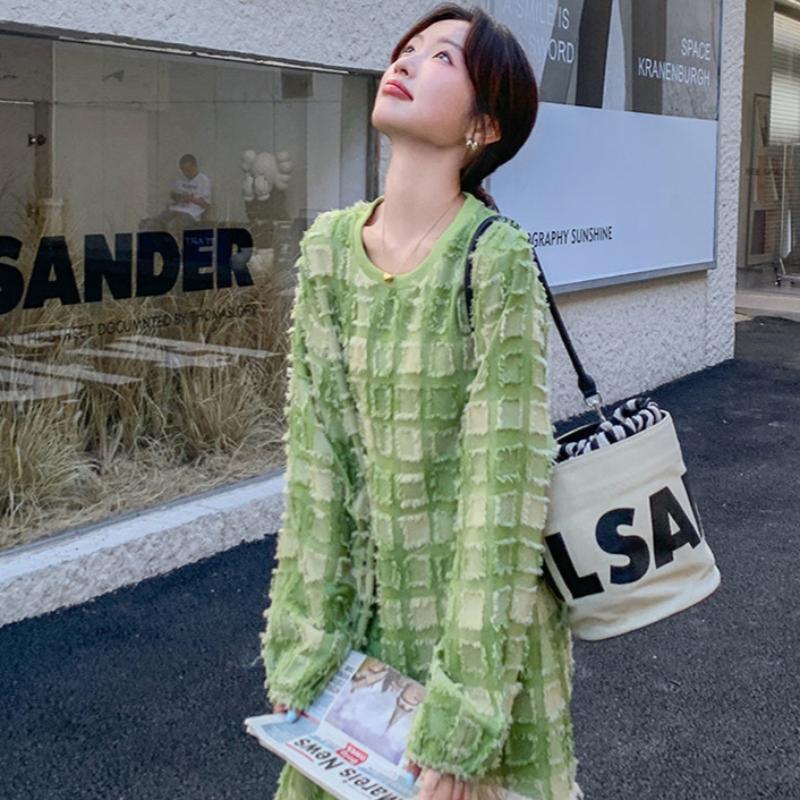 グリーンエンボスチェックワンピース