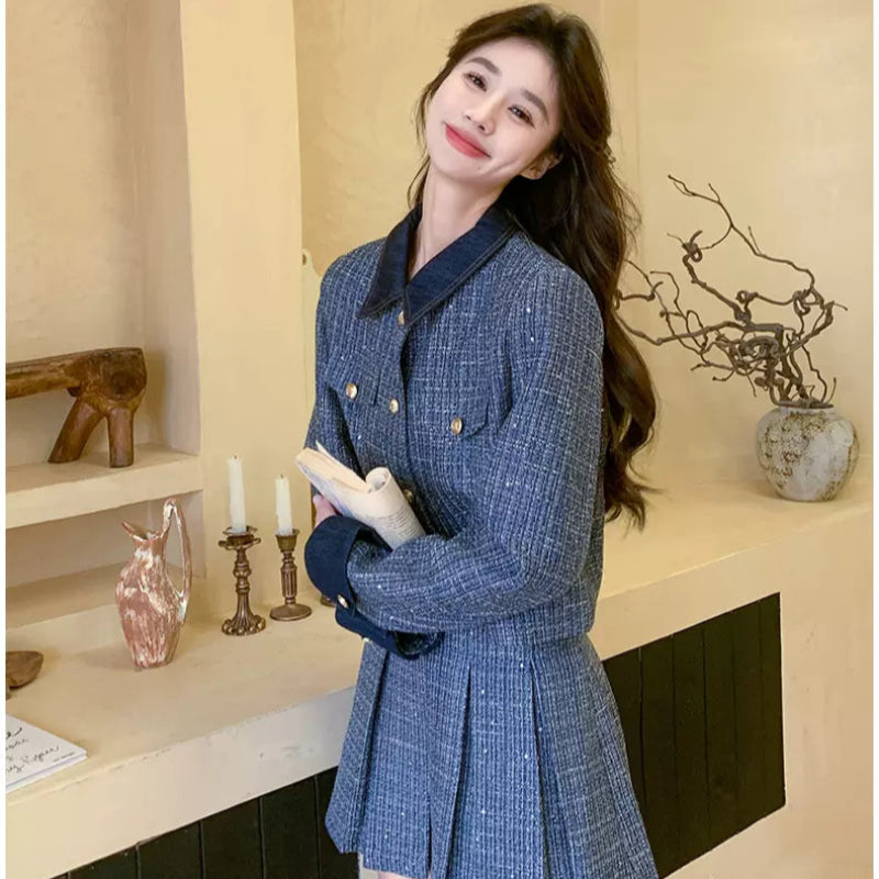 レトロブルージャケット×プリーツミニスカートセット