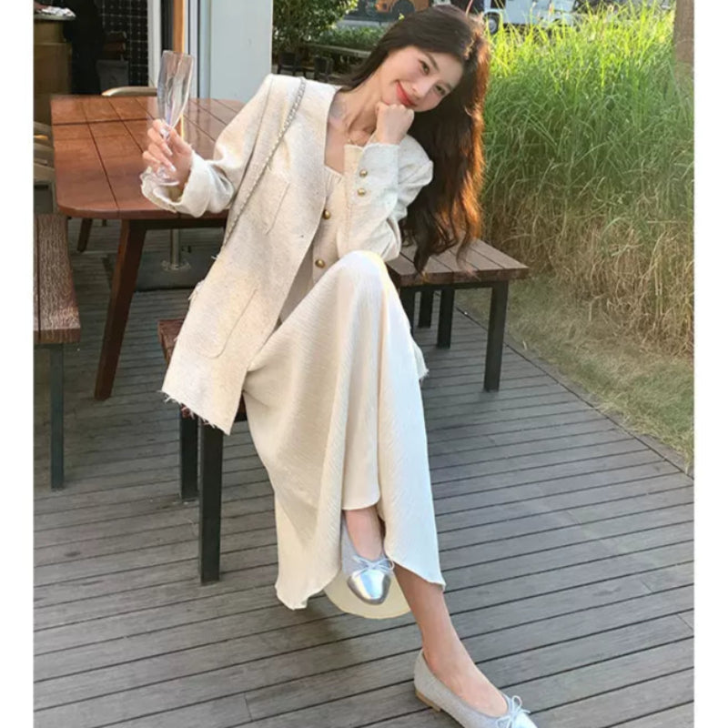 エレガントノーカラーツイードジャケット(3colors)