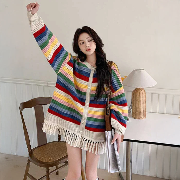 マルチボーダーフリンジカーディガン
