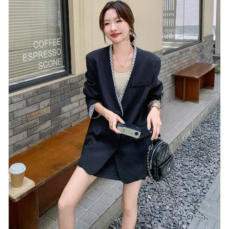 チェックデザイングレージャケット×スカートスーツ