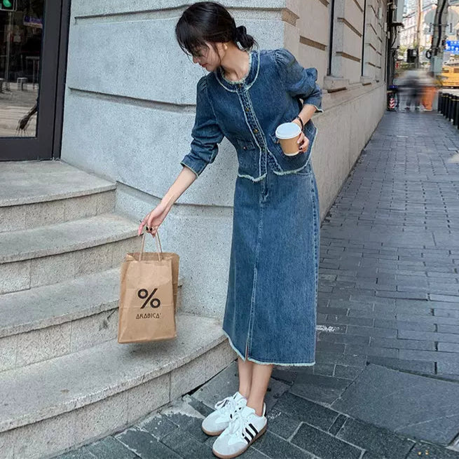 ノーカラーデニムジャケット×スカートセット