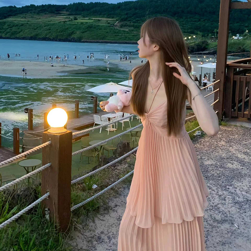 フェイクレイヤードプリーツドレス