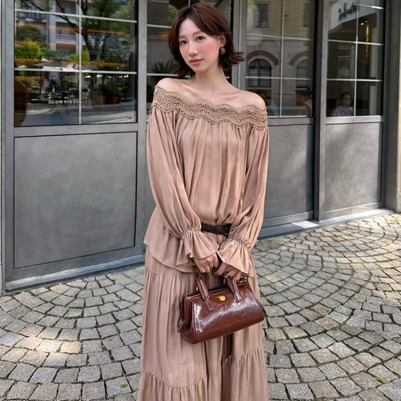 オフショルダーカットソー×ロングスカートセット(2colors)