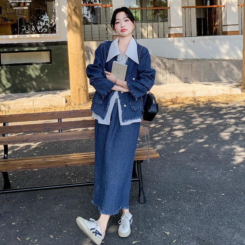 デニムジャケットスカートスーツ×ブラウス3点セット