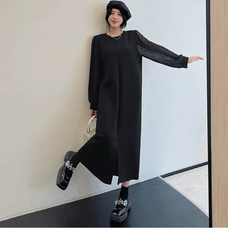 シフォンロングスリーブブラックワンピース