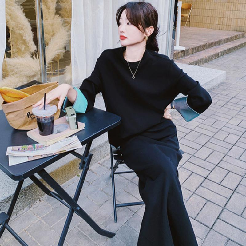 スウェットバイカラートップス×スカートセット