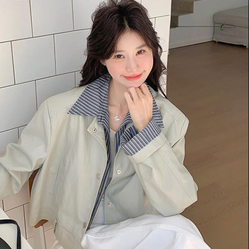 ストライプシャツドッキングPUレザージャケット