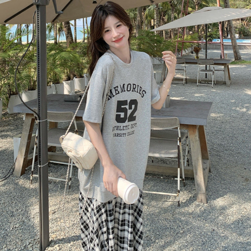 Tシャツ×チェックスカートドッキングワンピース