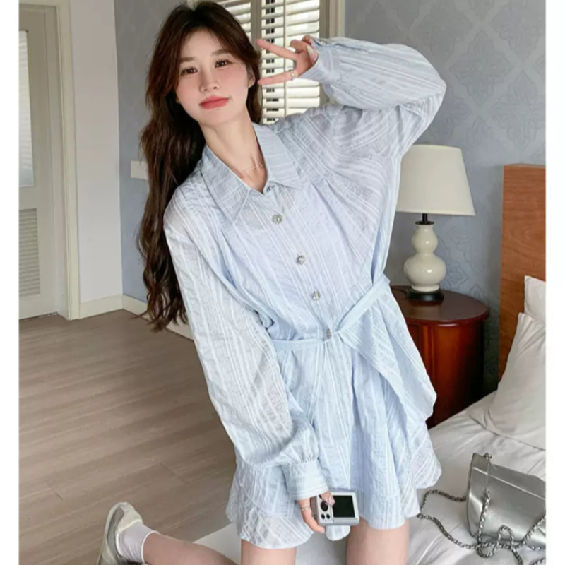 ライトブルーストライプシャツ×パンツセット