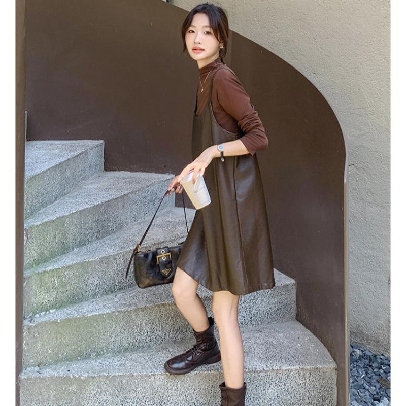 タートルトップス×PUレザーワンピースセット(2colors)