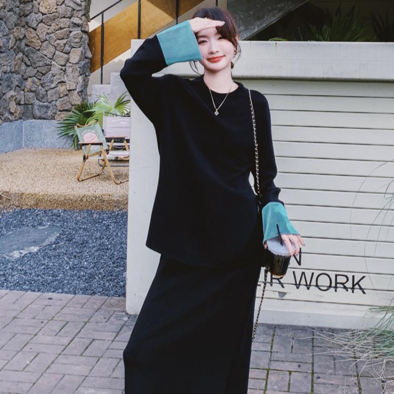 スウェットバイカラートップス×スカートセット