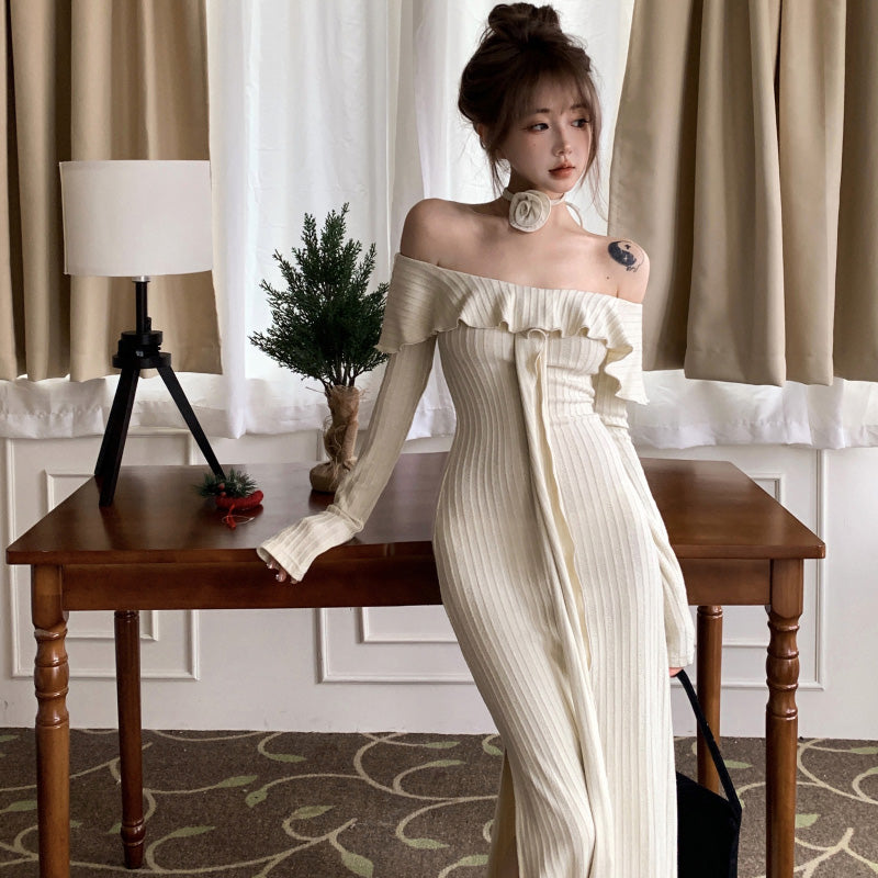 フェミニンオフショルダーリボンフリルスリットドレス