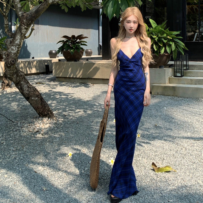 ブルーチェック Vネック バックレスキャミワンピース