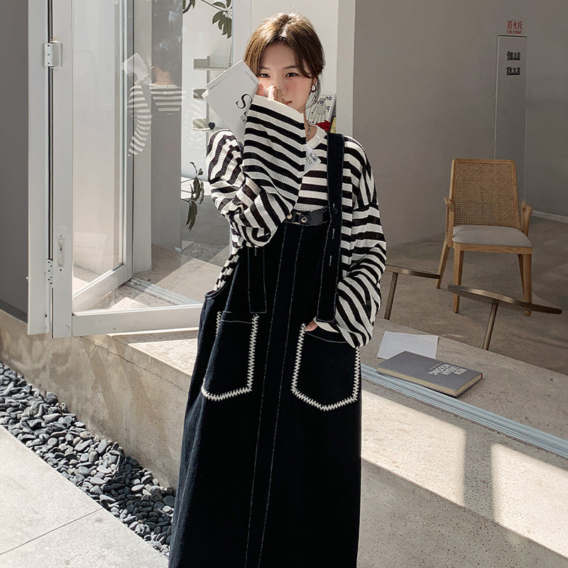 カジュアルボーダートップス×デニムサロペットワンピースセット