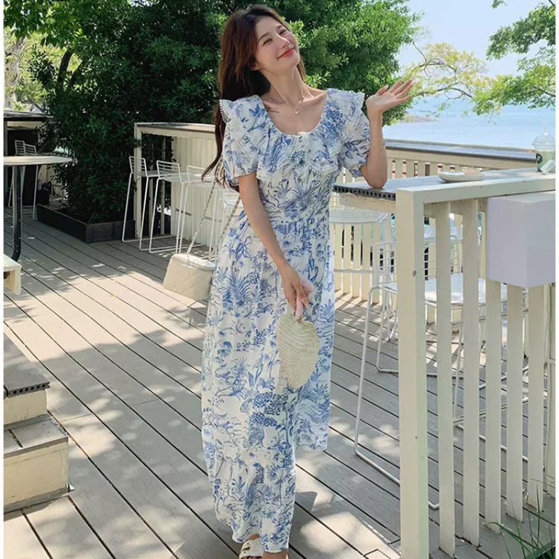 ラッフルカラーボタニカルプリントワンピ