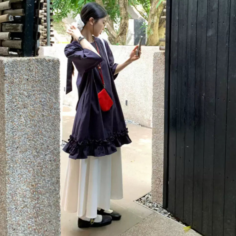 ネイビー5分袖ショート丈フリルワンピース