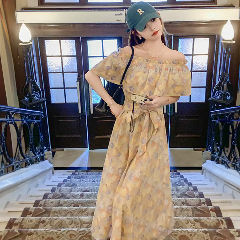 2wayオフショルダーフラワープリントワンピース