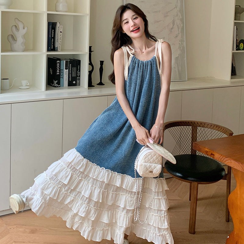 リボンキャミソール切り替えティアードワンピース