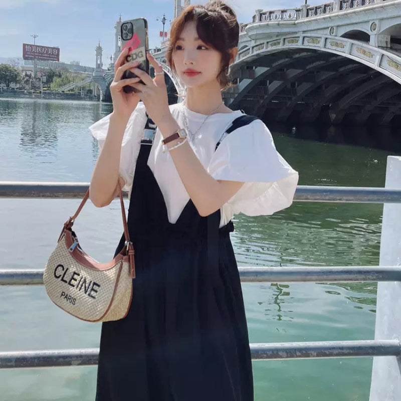 フレアスリーブカットソー×ショルダーパンツセット