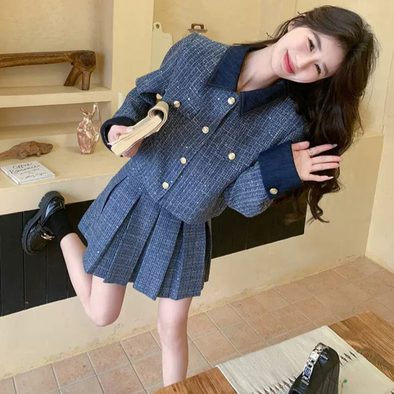 レトロブルージャケット×プリーツミニスカートセット