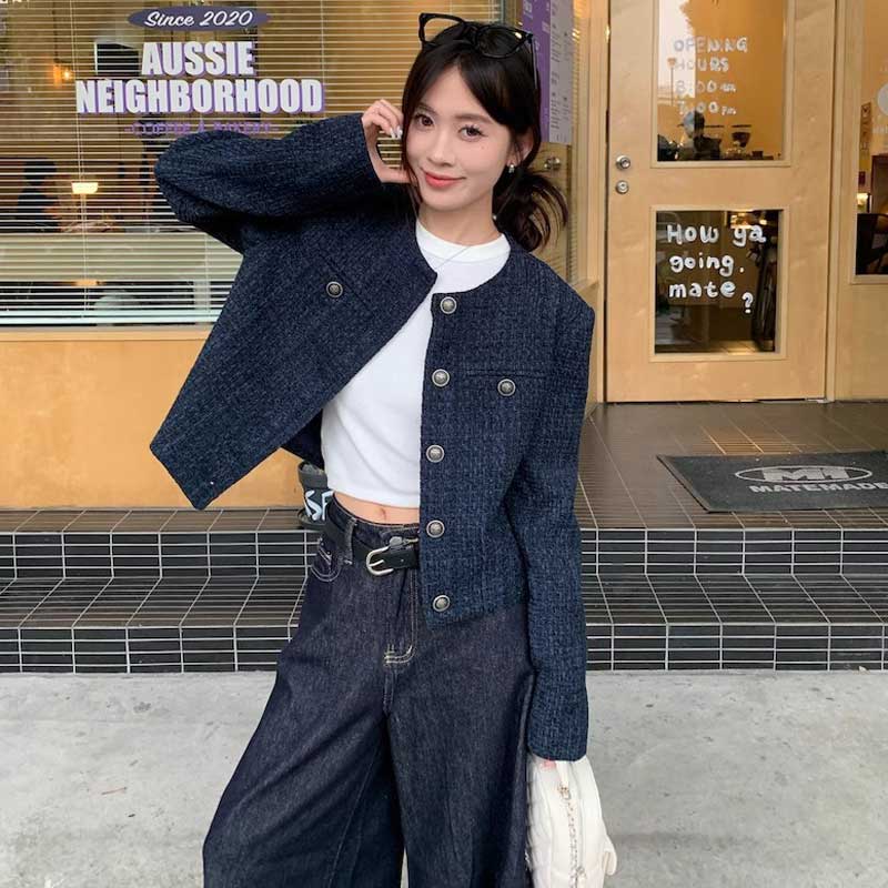 ノーカラーネイビーツイードジャケット