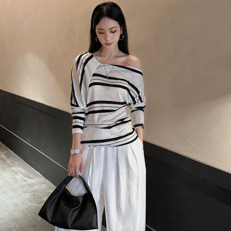 アシメストライプストライプオフショルダートップス(2colors)