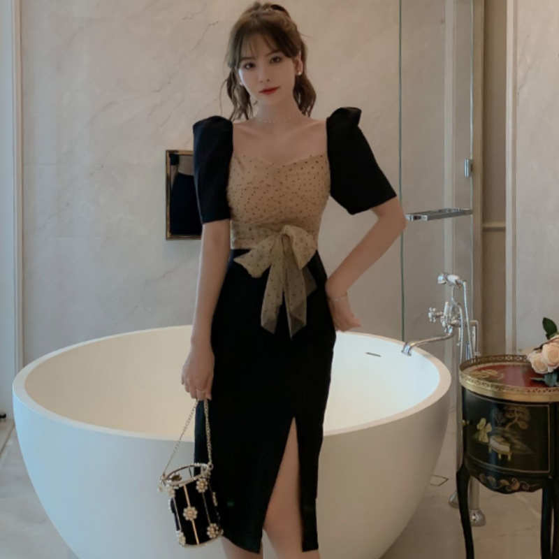 ドットチュールコンビスリットタイトワンピース