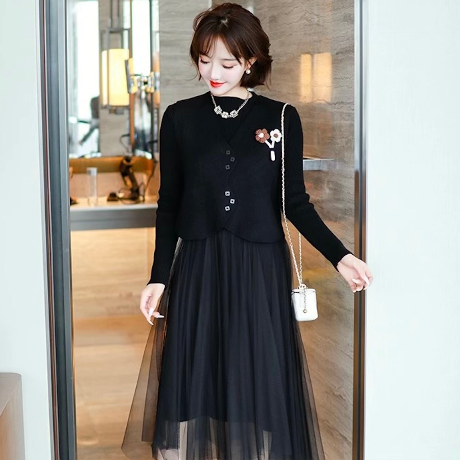 ショートベスト付きチュールニットワンピース(2colors)
