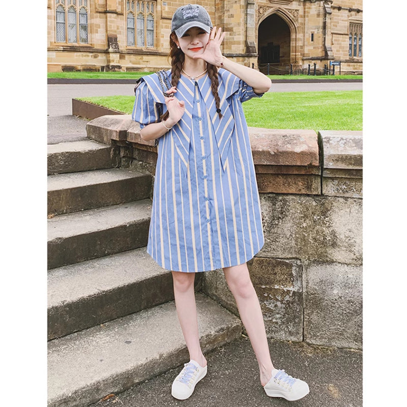 ビッグシルエットストライプケープ風ワンピース