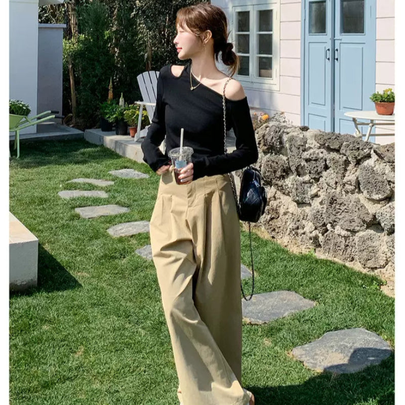 オフショルダーカットソー×ワイドレッグパンツコーデセット