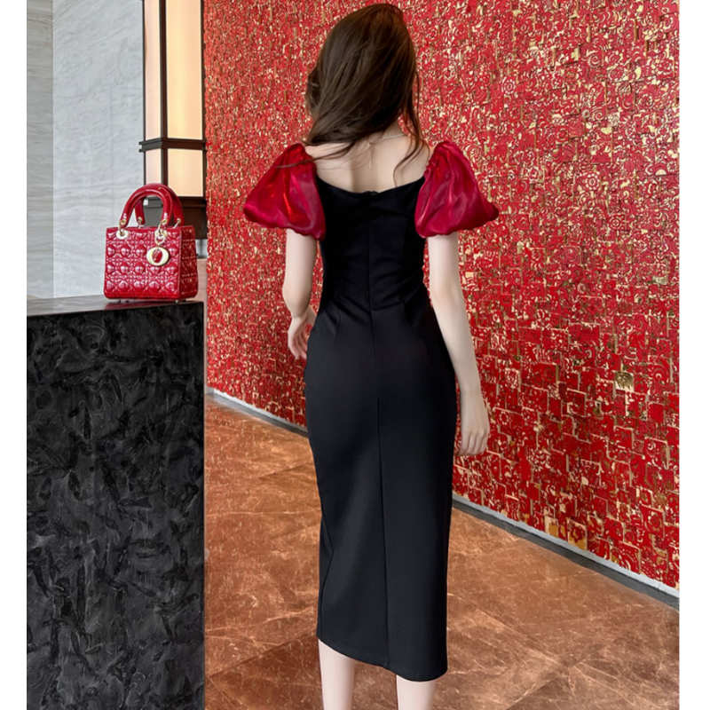 異素材バルーンスリーブバイカラーロングワンピース