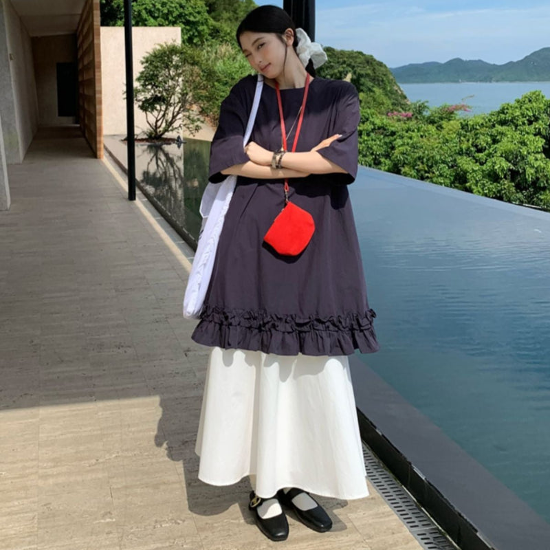 ネイビー5分袖ショート丈フリルワンピース