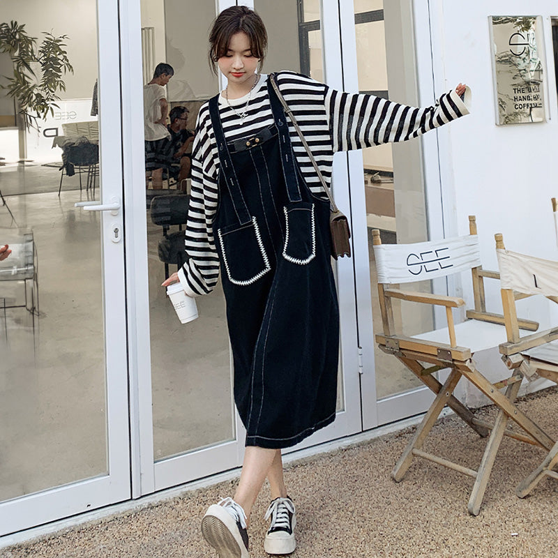 カジュアルボーダートップス×デニムサロペットワンピースセット