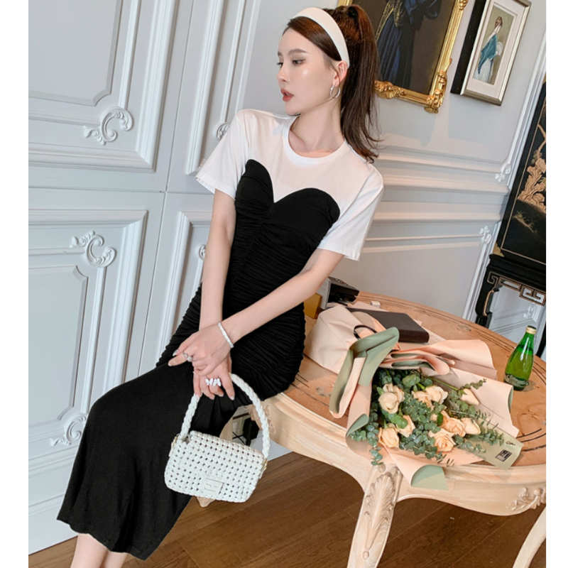 Tシャツコンビフロントギャザービスチェワンピース