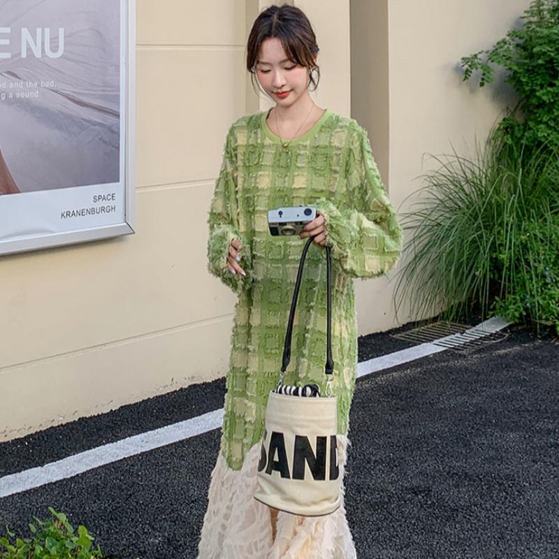 グリーンエンボスチェックワンピース