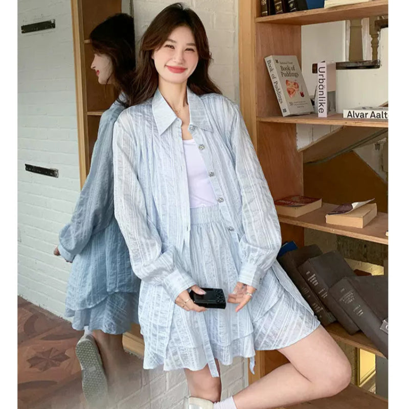 ライトブルーストライプシャツ×パンツセット