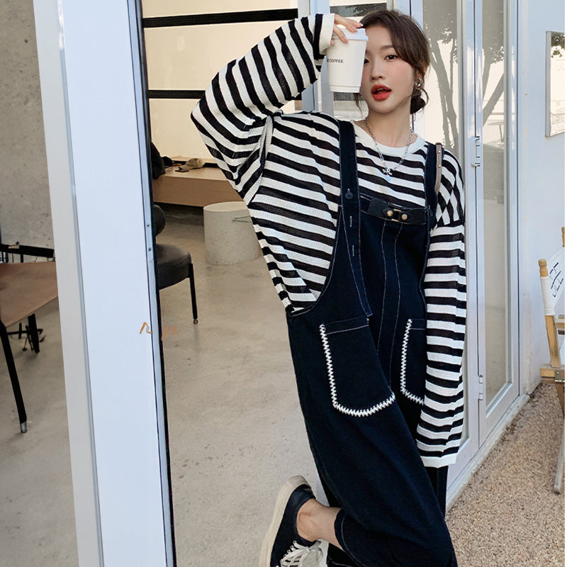 カジュアルボーダートップス×デニムサロペットワンピースセット