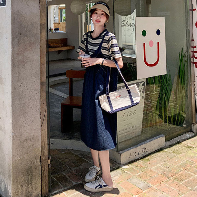 ボーダーシャツドッキングデニムワンピース