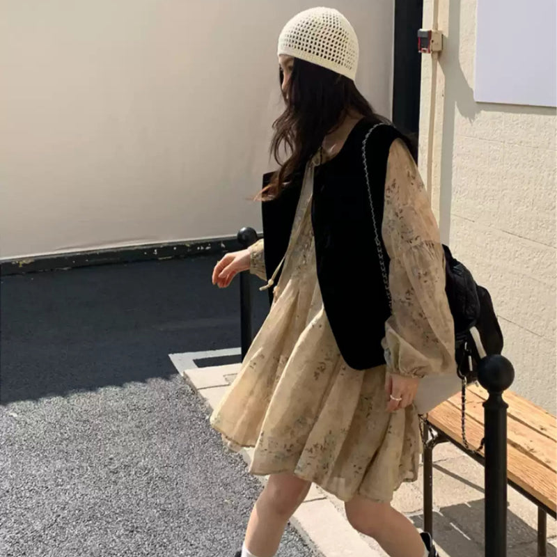 ベルベットベスト×フラワーワンピースコーデセット