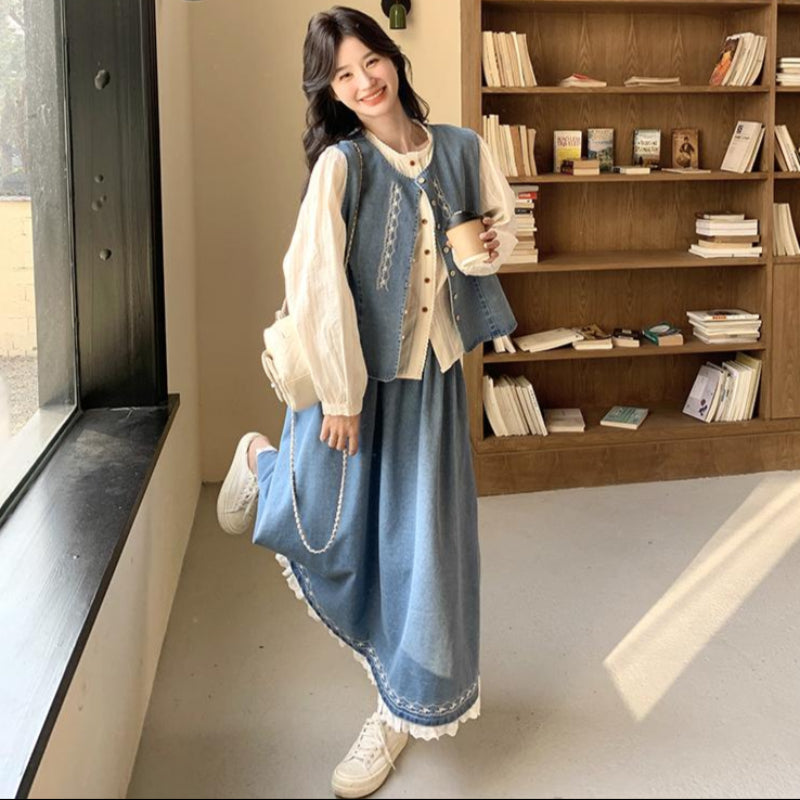 ホワイトブラウス×デニムベスト×スカートスリーピースセット